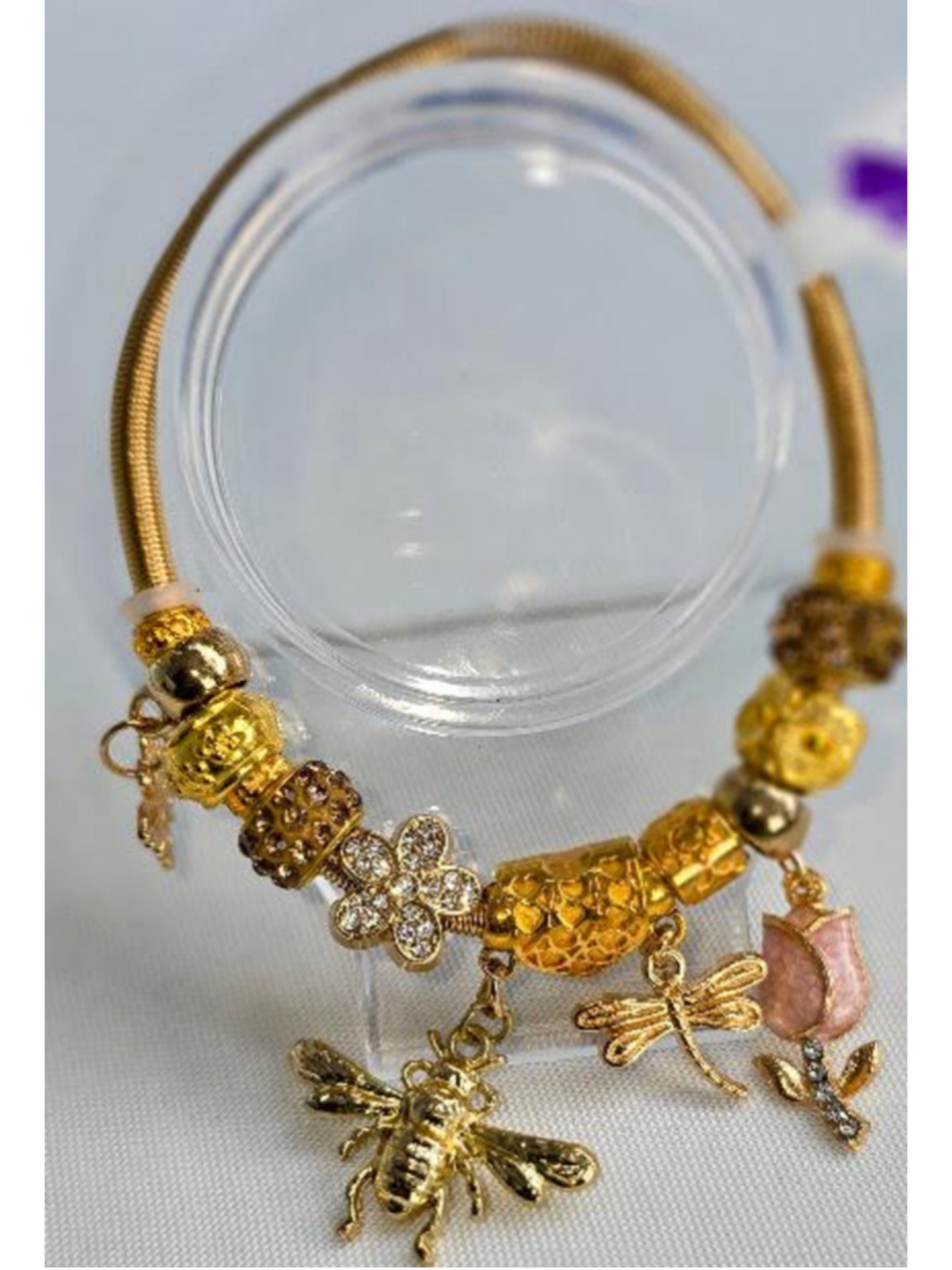 Handmade Charm Bracelet: Acrylic, Resin Beads, Metal Alloy Charms, Golden Snake